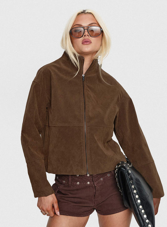 Chaqueta de Ante Sintético con Cremallera – Marrón